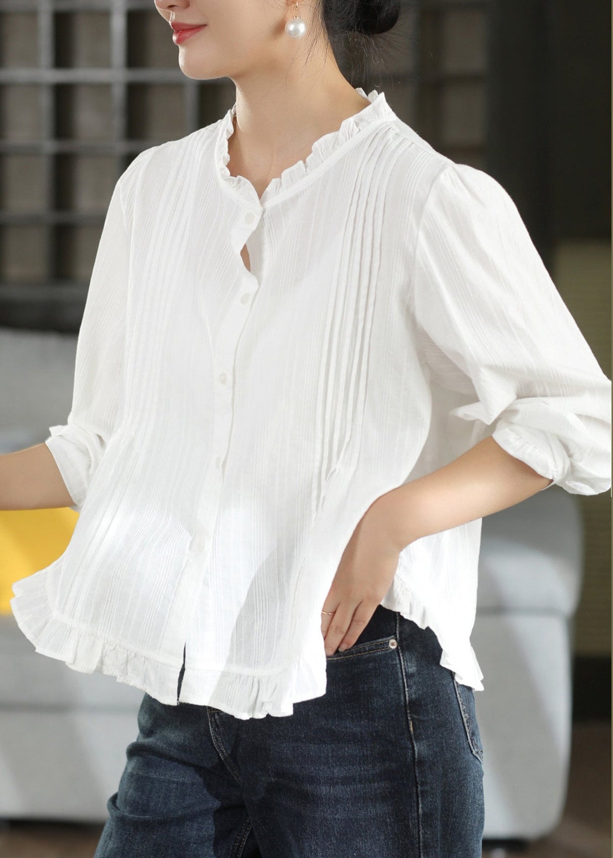Women Black Ruffled Button Patchwork Cotton Shirt Fall
