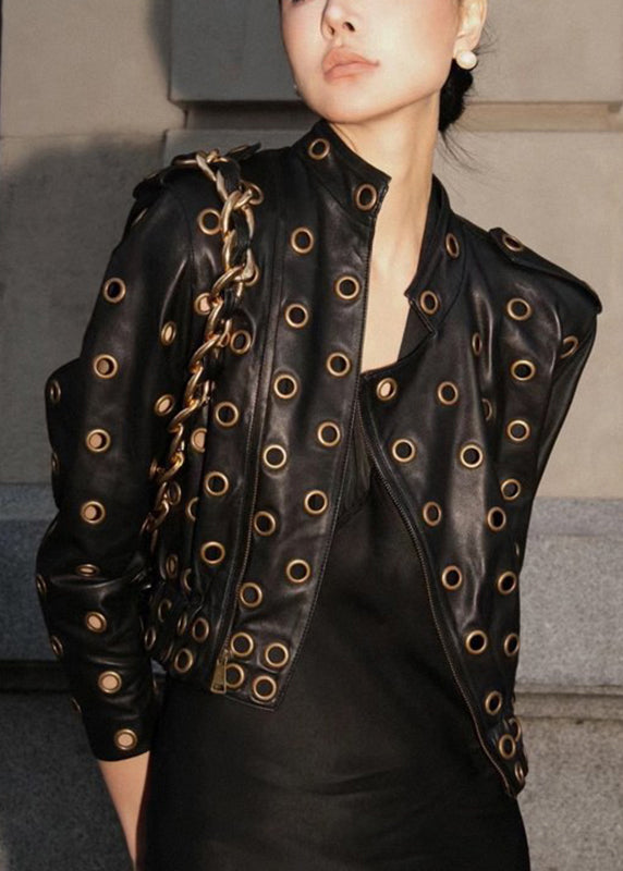 Women Black Stand Collar Hollow Out PU Jacket Long Sleeve