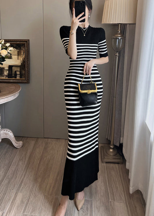 Women Black Stand Collar Striped Knit Straight Dress Summer