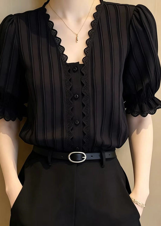 Women Black Striped Lace Patchwork Chiffon Shirts Summer