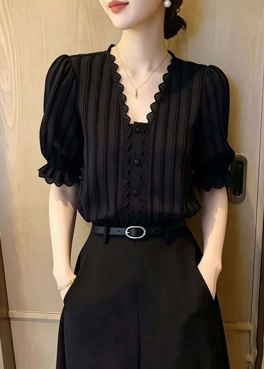 Women Black Striped Lace Patchwork Chiffon Shirts Summer