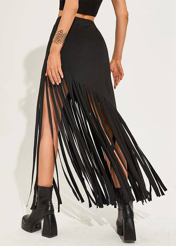 Women Black Tassel Punk Style Sexy Maxi Skirts
