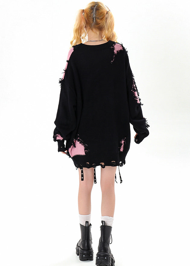 Women Black Tasseled Patchwork Hole Cozy Sweater Winter