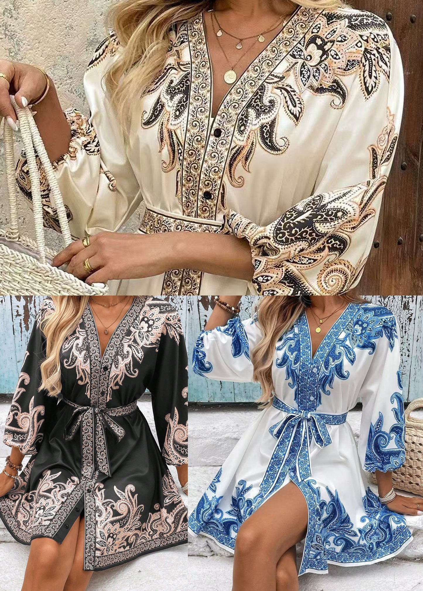 Women Black Tie Waist Print Silk Vacation Dress Summer
