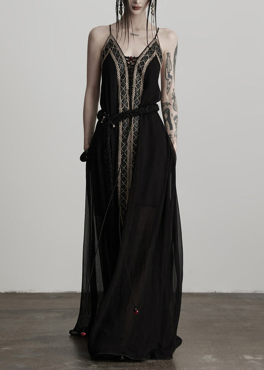 Women Black Tunic Patchwork Lace Cami Dress Summer