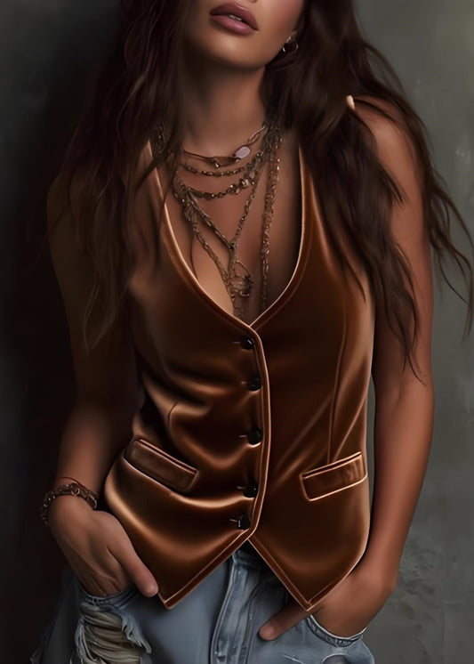 Women Black V Neck Button Patchwork Velour Vest Sleeveless