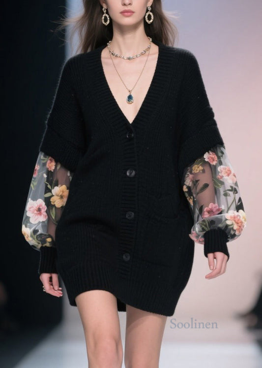 Women Black V Neck Button Tulle Patchwork Knit Loose Coat Fall