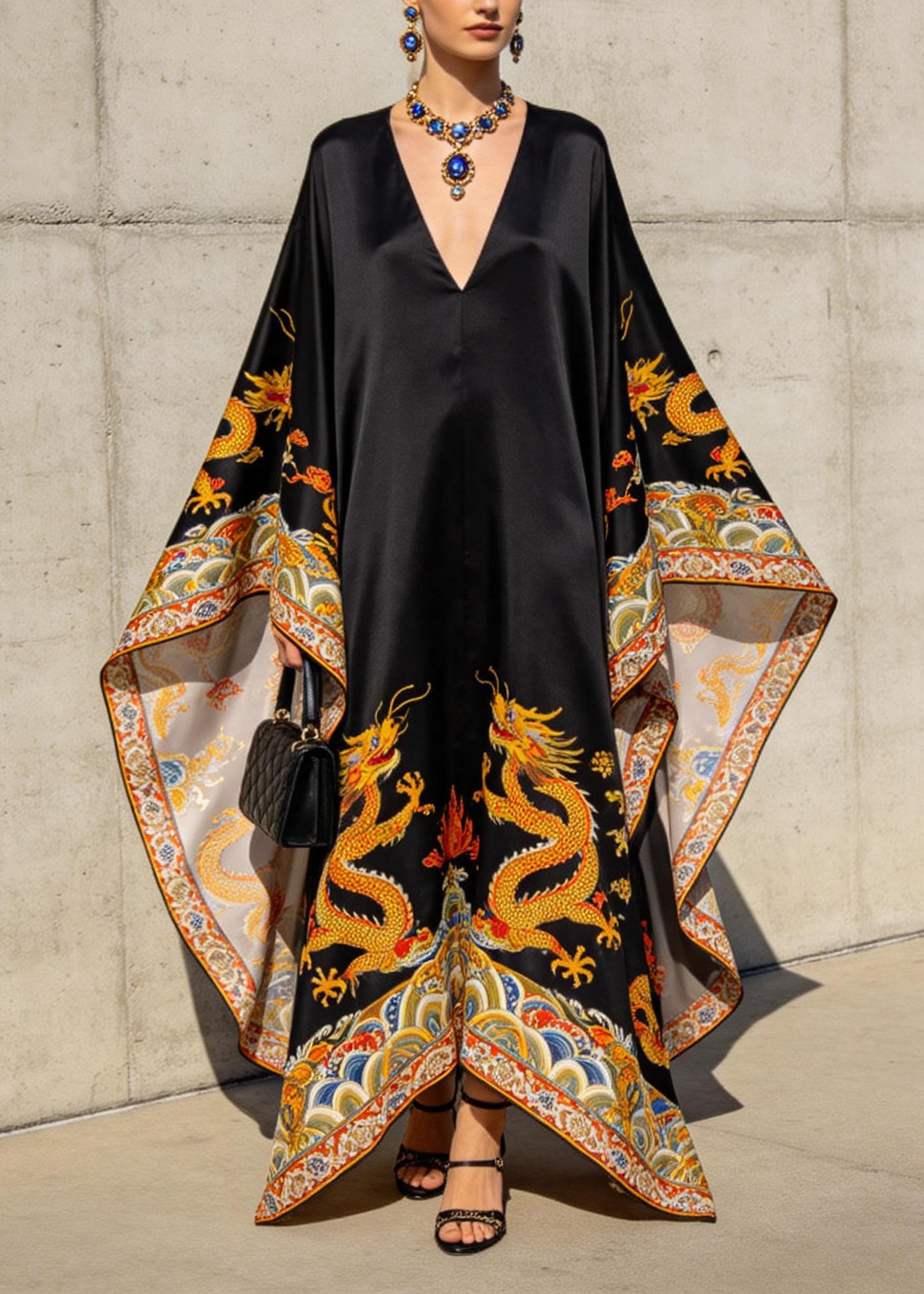 Women Black V Neck Oriental Print Chiffon Robe Dresses Batwing Sleeve