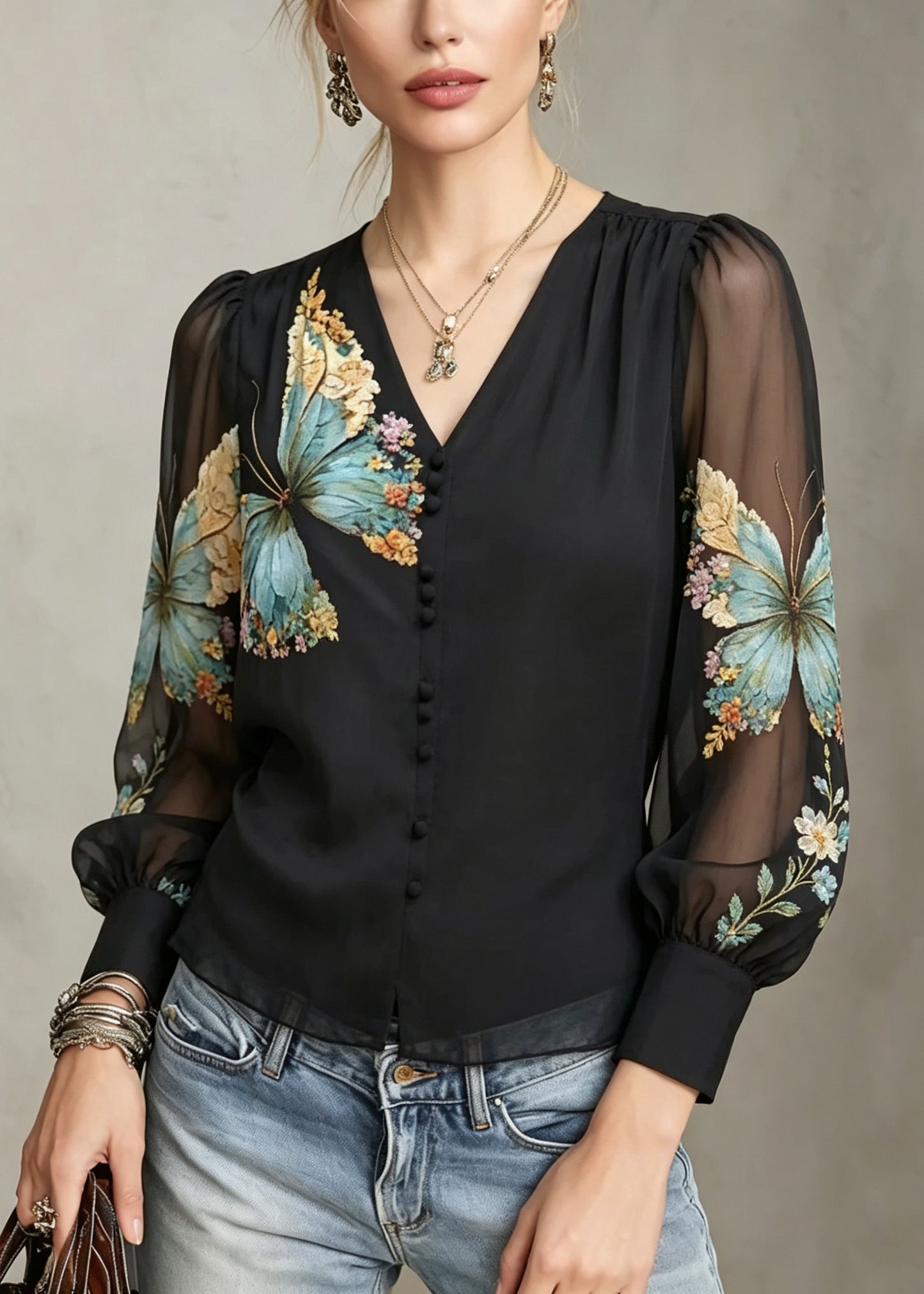 Women Black V Neck Print Patchwork Tulle Tops Fall
