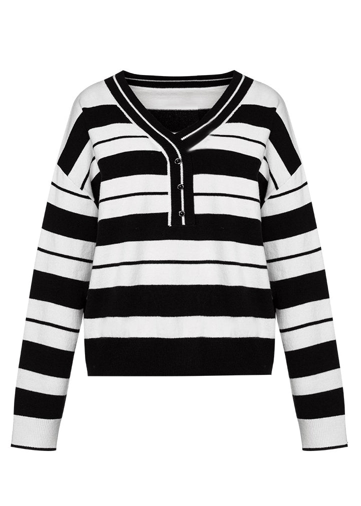 Women Black White Striped V Neck Cotton Knit Sweater Fall