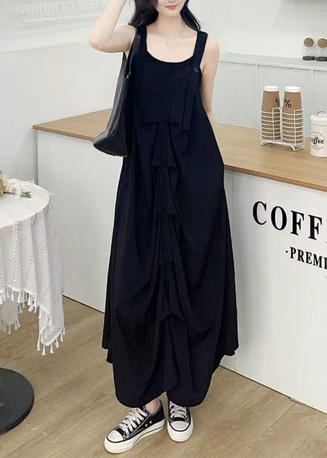 Women Black Wrinkled Cotton Cami Dresses Summer