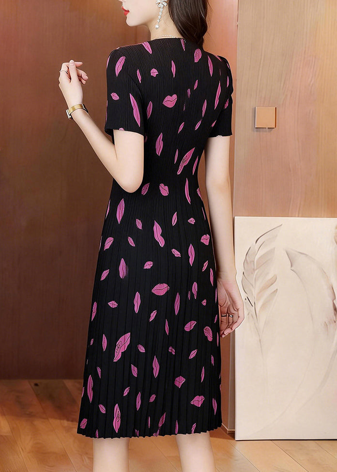 Women Black Wrinkled Print Long Dress Summer