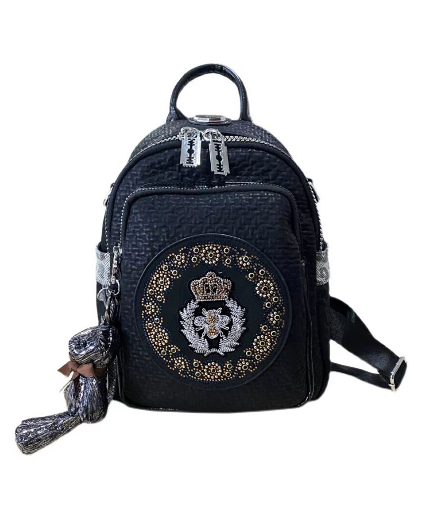 Women Black Zircon Large Capacity Calf Leather Backpack Bag