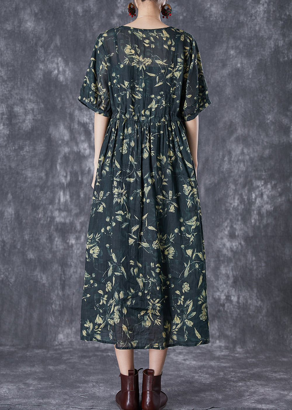 Women Blackish Green Cinched Print Linen Maxi Dress Summer