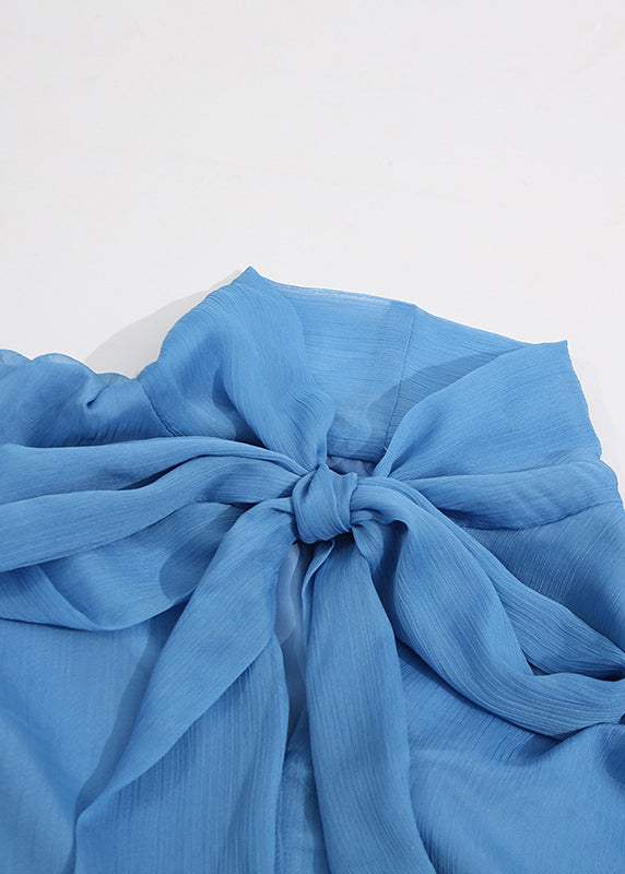Women Blue Cinched Lace Up Chiffon Top Sleeveless