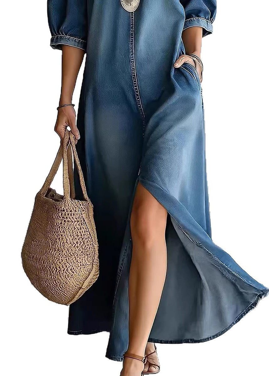 Women Blue Cold Shoulder Side Open Patchwork Denim Dresses Summer