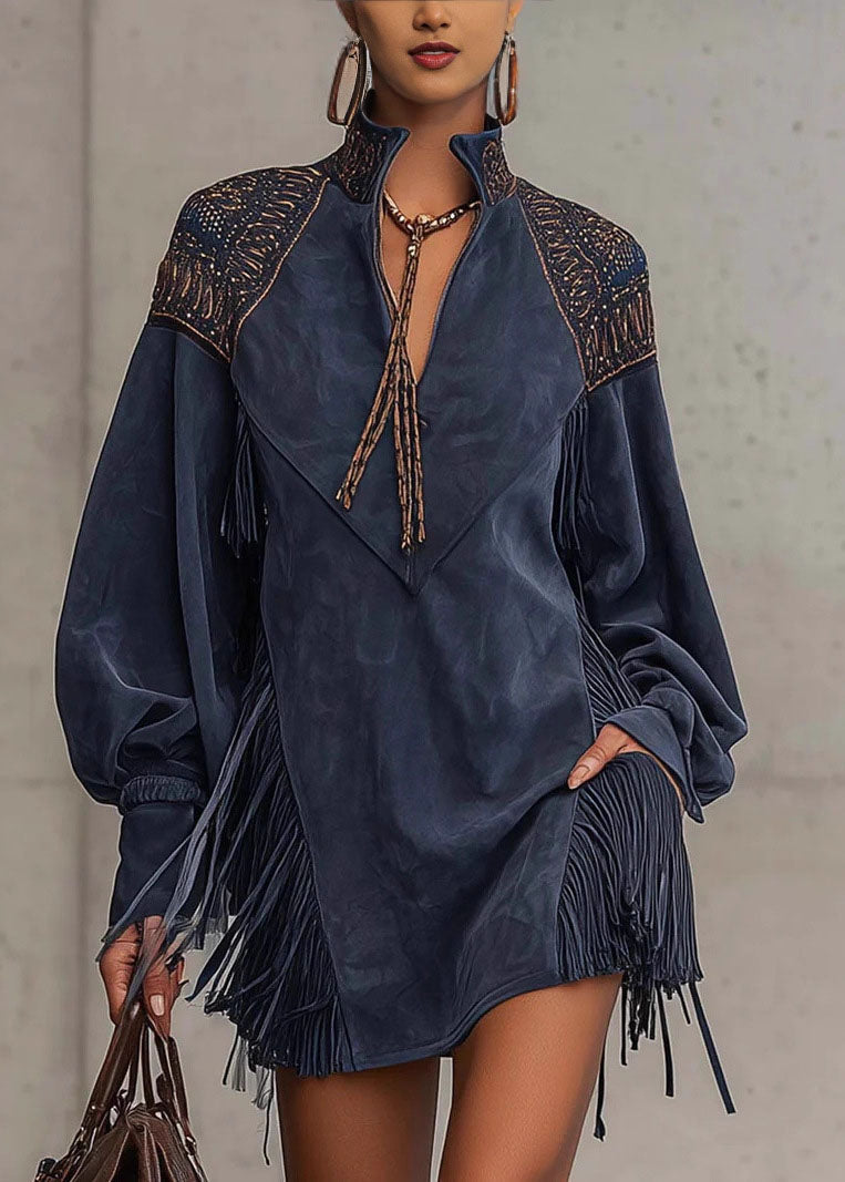 Women Blue Embroidered Tassel Faux Suede Dresses Fall