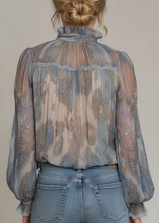 Women Blue High Neck Ruffled Print Chiffon Shirt Top Spring