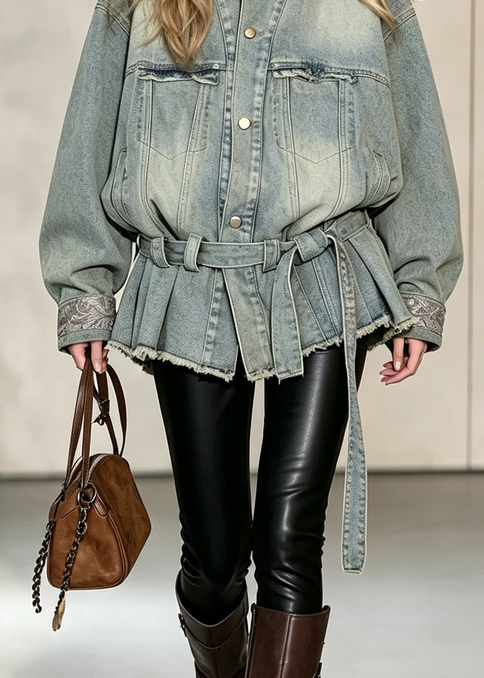Women Blue Hign Neck Lace Up Patchwork Denim Coat Fall