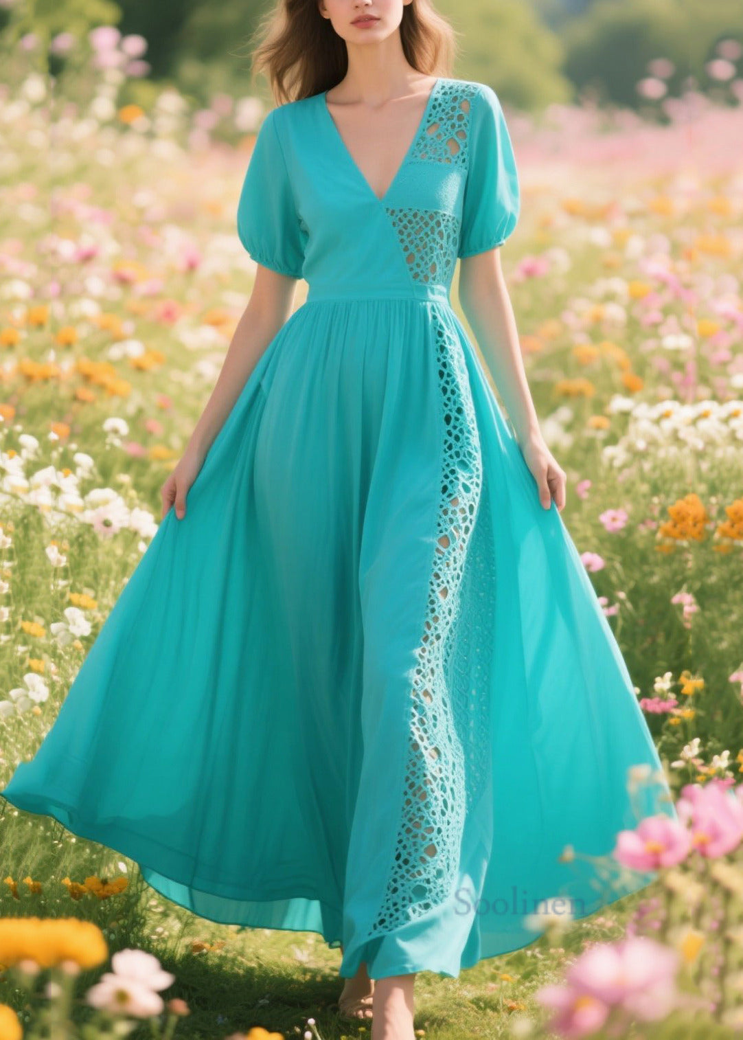 Women Blue Hollow Out Patchwork Cotton Long Dresses Summer