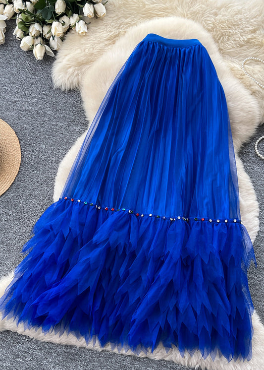 Women Blue Nail Bead Patchwork Tulle Skirts Summer