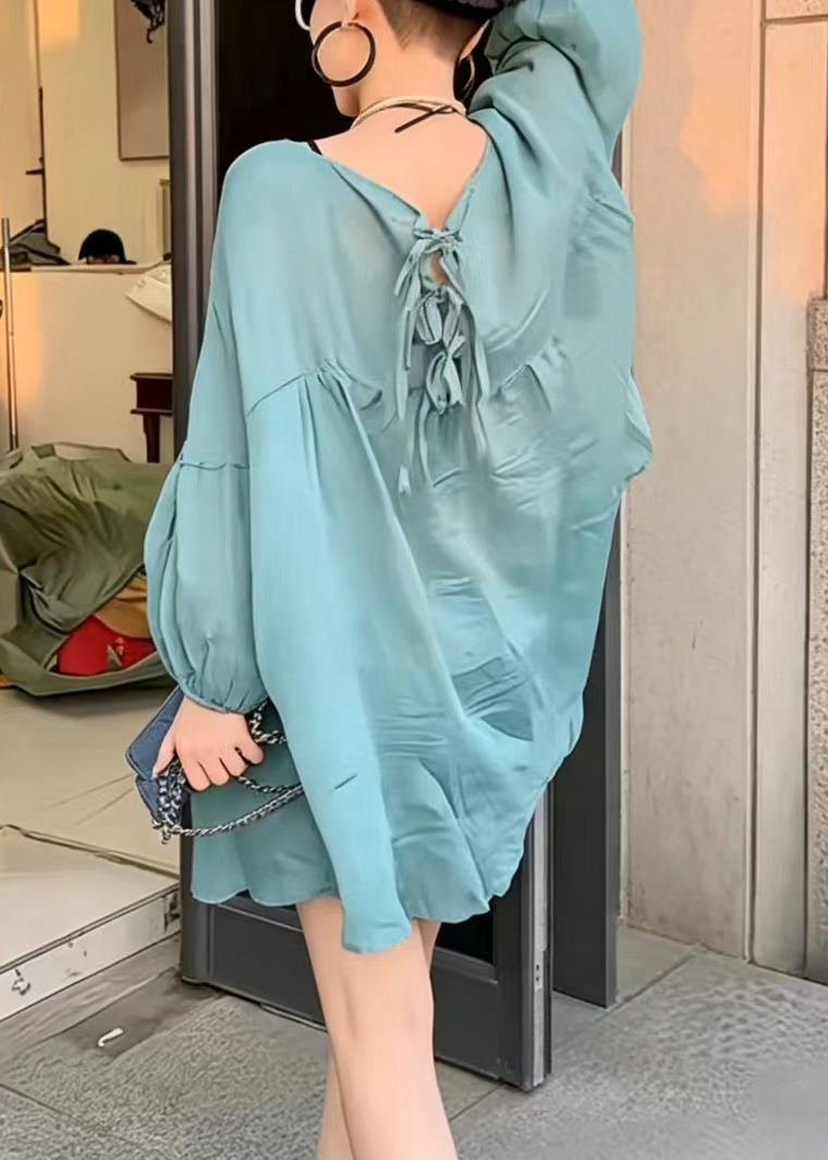 Women Blue O-Neck Lace Up Oversized Shirt Tops Summer