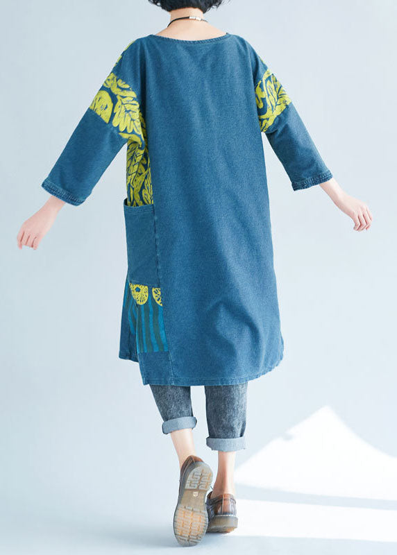 Women Blue O-Neck side open Print Sweatshirts dresses Spring