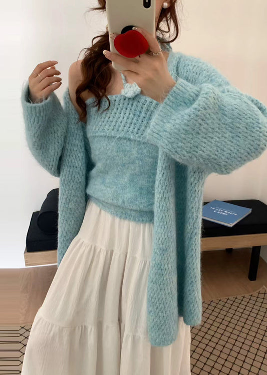 Women Blue Oversized Floral Decorated Knit Two Pieces Set Winter