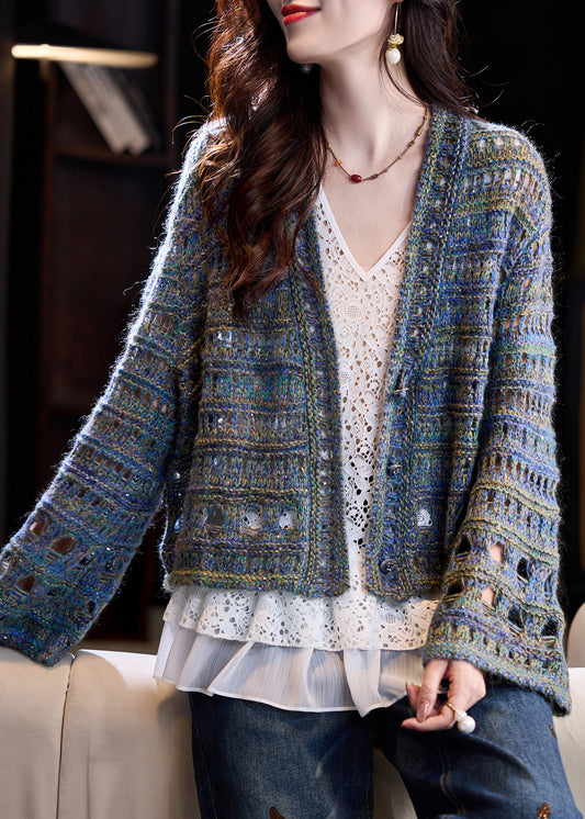 Women Blue Oversized Hollow Out Knit Loose Coat Fall