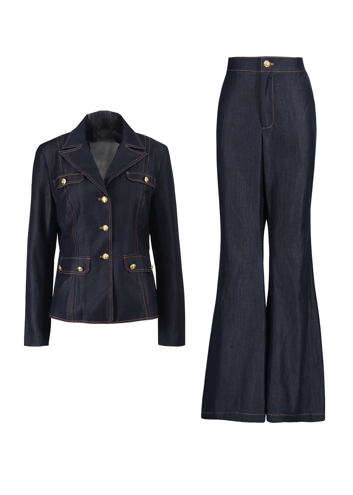 Women Blue Peter Pan Collar Coat And Pants Denim Two Pieces Set Fall