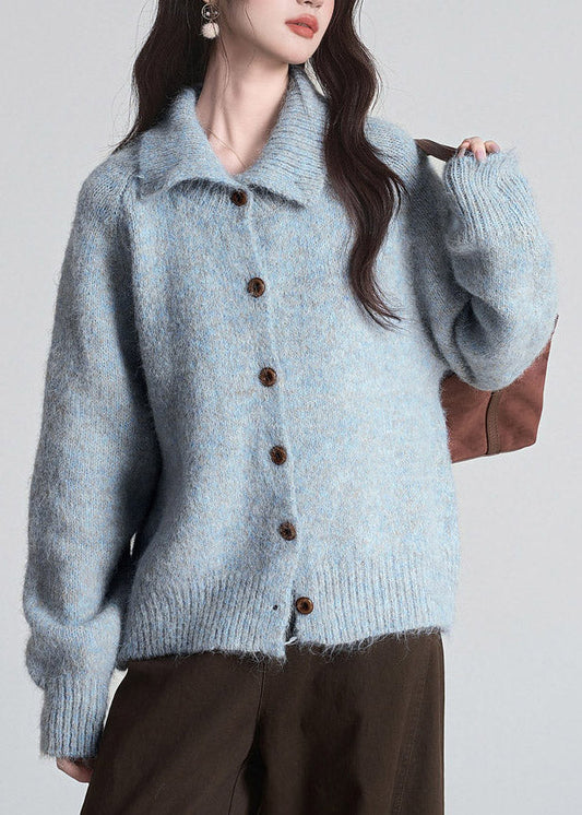 Women Blue Peter Pan Collar Cozy Button Cotton Knit Cardigan Long Sleeve