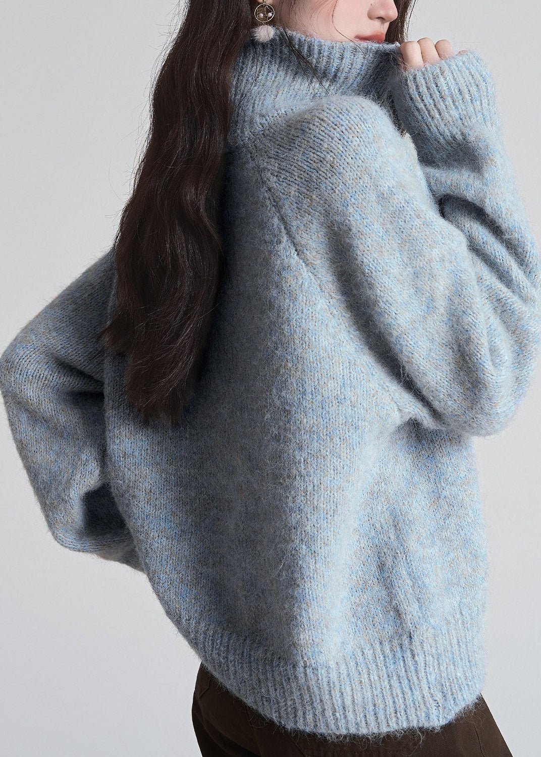 Women Blue Peter Pan Collar Cozy Button Cotton Knit Cardigan Long Sleeve