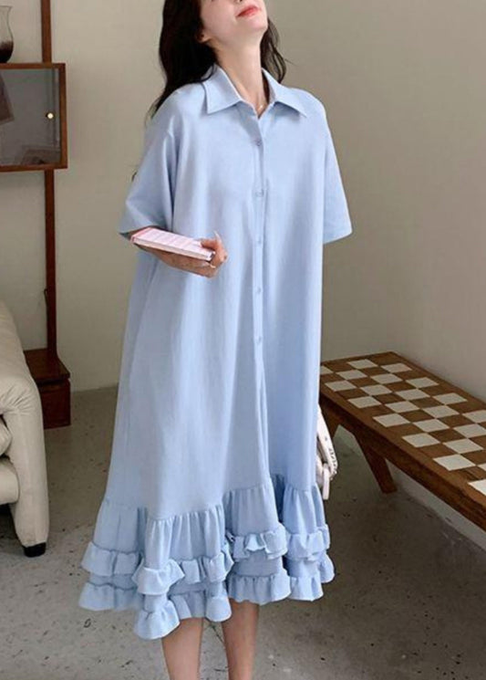 Women Blue Peter Pan Collar Ruffled Patchwork Maxi Dress Short Sleeve