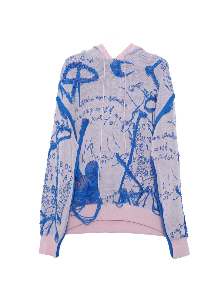 Women Blue Pink Hooded Jacquard Knit Sweater Fall