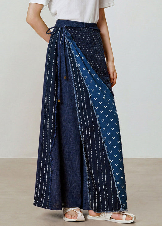 Women Blue Print Patchwork Cotton Wide Leg Pants Fall