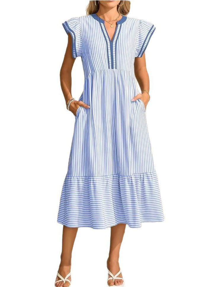 Women Blue Ruffled Striped Patchwork Cotton Dress Summer