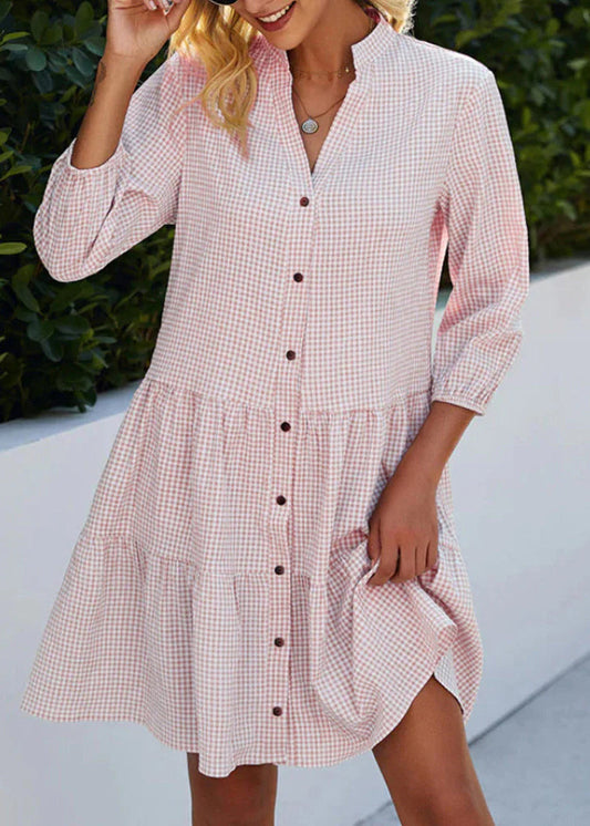 Women Blue Stand Collar Plaid Button Mid Shirts Dress Fall