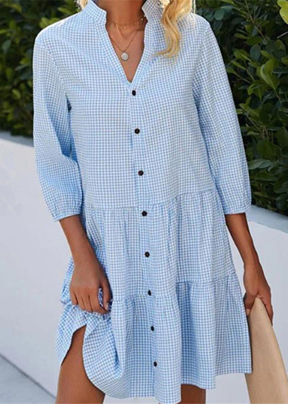 Women Blue Stand Collar Plaid Button Mid Shirts Dress Fall