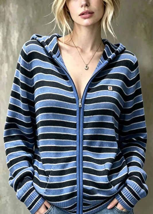Women Blue Striped Hooded Knit Cardigan Long Sleeve
