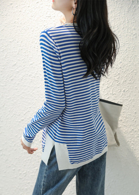 Women Blue Striped Side Open Knitting Cotton Tops Fall