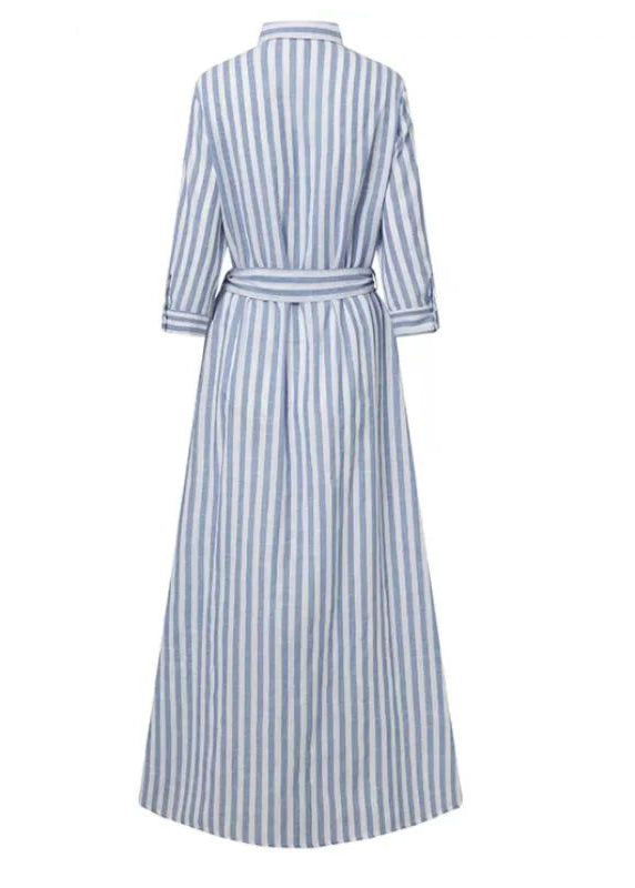 Women Blue Striped Tie Waist Cotton Shirt Dress Summer