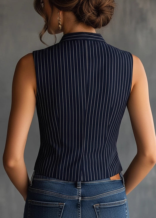Women Blue Striped V Neck Patchwork Cotton Vest Sleeveless