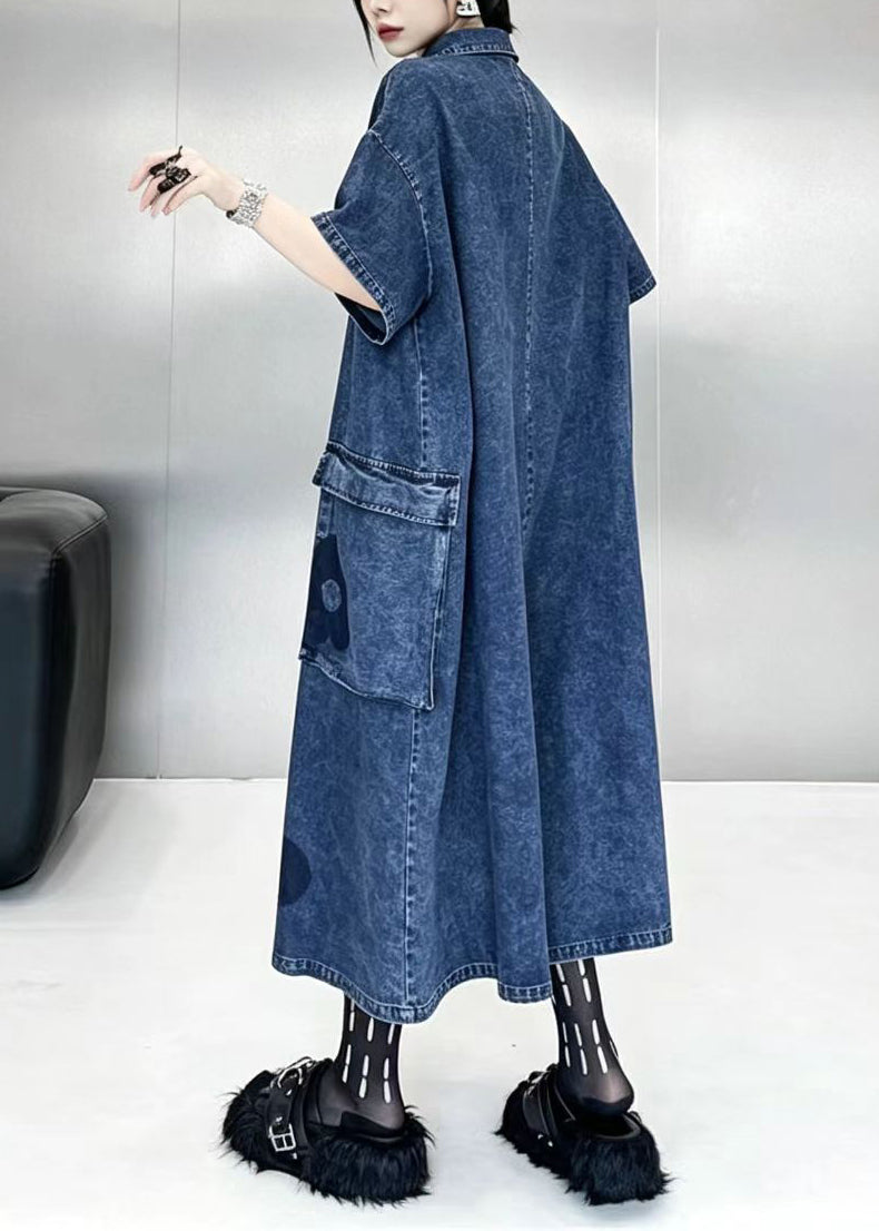 Women Blue Turn-Down Collar Oversized Print Denim Jumpsuit Short Sleeve