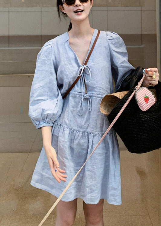 Women Blue V Neck Lace Up Linen Mid Dress Bracelet Sleeve