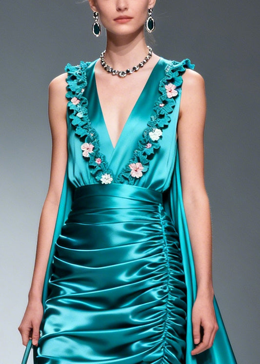 Women Blue Wrinkled Exra Large Hem Flower Silk Party Dresses Sleeveless