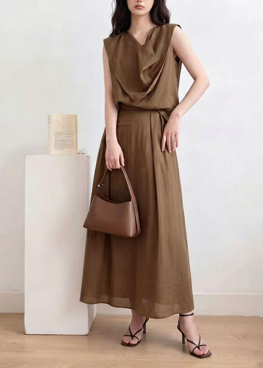 Women Brown Asymmetrical Wrinkled Cotton Two Pieces Set Sleeveless