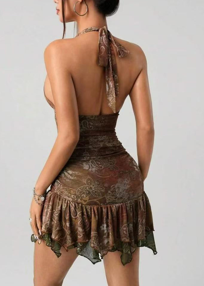 Women Brown Backless Print Cotton Hatle Dress Summer