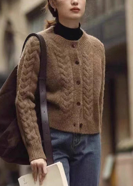 Women Brown Button Warm Knit Coats Fall