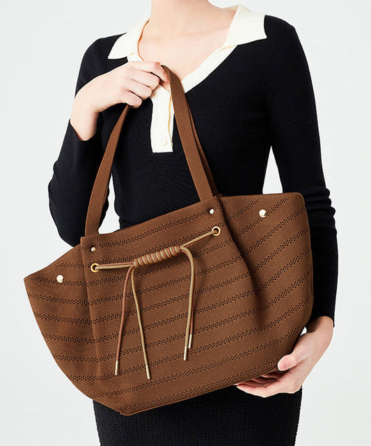 Women Brown Drawstring Striped Cotton Shoulder Bags