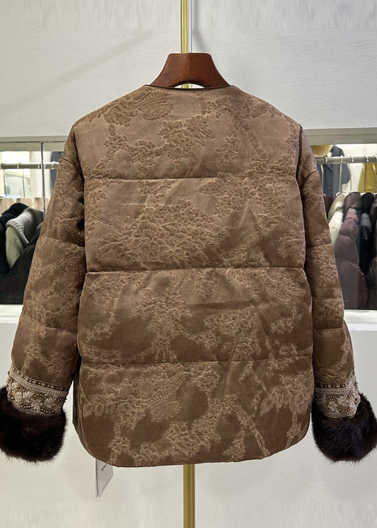 Women Brown Embroidered Jacquard Duck Down Jackets Winter